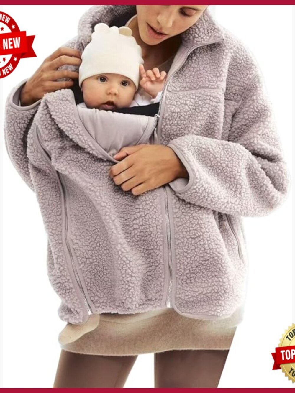 Maternity Fleece Jacket with Detachable Baby Wearing Panel, Zipper Pockets